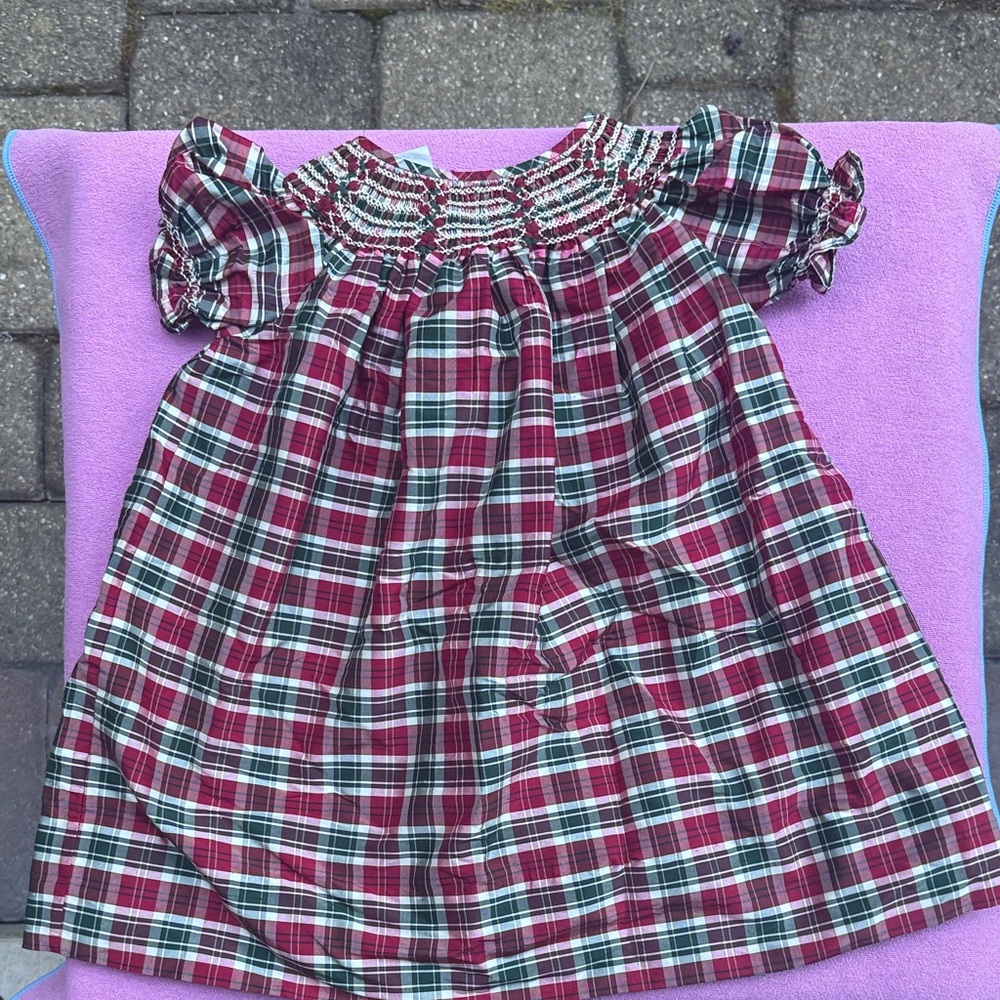 Strasburg Red and Green Plaid Kids Formal Dress 100% silk 3M vintage